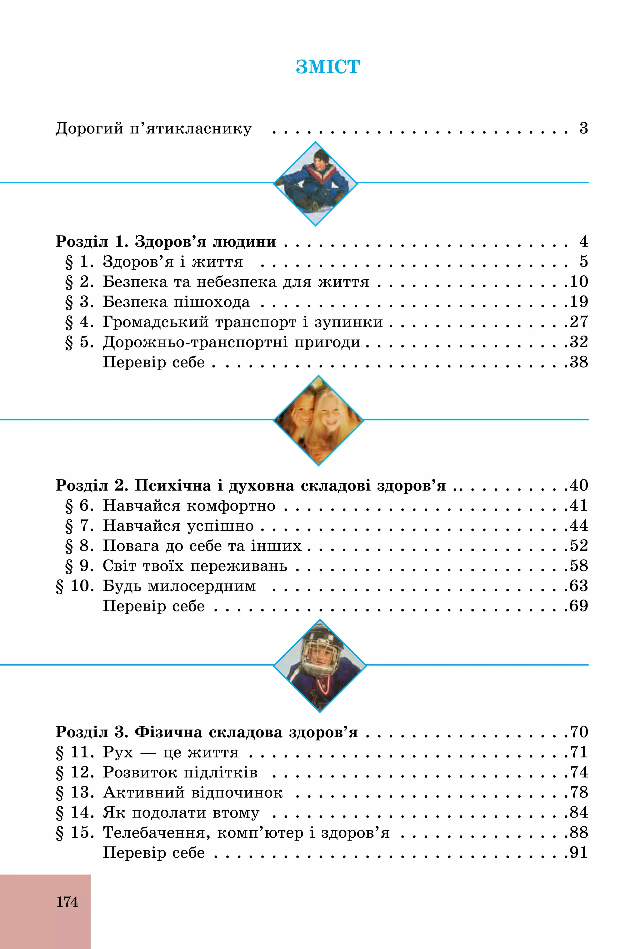 174
ЗМІСТ
Дорогий п’ятикласнику . . . . . . . . . . . . . . . . . . . . . . . . . . 3
Розділ 1. Здоров’я людини . . . . . . . . . . . . . . . . . . . . . . . . . 4
§ 1. Здоров’я і життя . . . . . . . . . . . . . . . . . . . . . . . . . . . 5
§ 2. Безпека та небезпека для життя . . . . . . . . . . . . . . . . .10
§ 3. Безпека пішохода . . . . . . . . . . . . . . . . . . . . . . . . . . .19
§ 4. Громадський транспорт і зупинки . . . . . . . . . . . . . . . .27
§ 5. Дорожньо­транспортні пригоди . . . . . . . . . . . . . . . . . .32
Перевір себе . . . . . . . . . . . . . . . . . . . . . . . . . . . . . . .38
Розділ 2. Психічна і духовна складові здоров’я .. . . . . . . . . .40
§ 6. Навчайся комфортно . . . . . . . . . . . . . . . . . . . . . . . . .41
§ 7. Навчайся успішно . . . . . . . . . . . . . . . . . . . . . . . . . . .44
§ 8. Повага до себе та інших . . . . . . . . . . . . . . . . . . . . . . .52
§ 9. Світ твоїх переживань . . . . . . . . . . . . . . . . . . . . . . . .58
§ 10. Будь милосердним . . . . . . . . . . . . . . . . . . . . . . . . . .63
Перевір себе . . . . . . . . . . . . . . . . . . . . . . . . . . . . . . .69
Розділ 3. Фізична складова здоров’я . . . . . . . . . . . . . . . . . .70
§ 11. Рух — це життя . . . . . . . . . . . . . . . . . . . . . . . . . . . .71
§ 12. Розвиток підлітків . . . . . . . . . . . . . . . . . . . . . . . . . .74
§ 13. Активний відпочинок . . . . . . . . . . . . . . . . . . . . . . . .78
§ 14. Як подолати втому . . . . . . . . . . . . . . . . . . . . . . . . . .84
§ 15. Телебачення, комп’ютер і здоров’я . . . . . . . . . . . . . . .88
Перевір себе . . . . . . . . . . . . . . . . . . . . . . . . . . . . . . .91
 