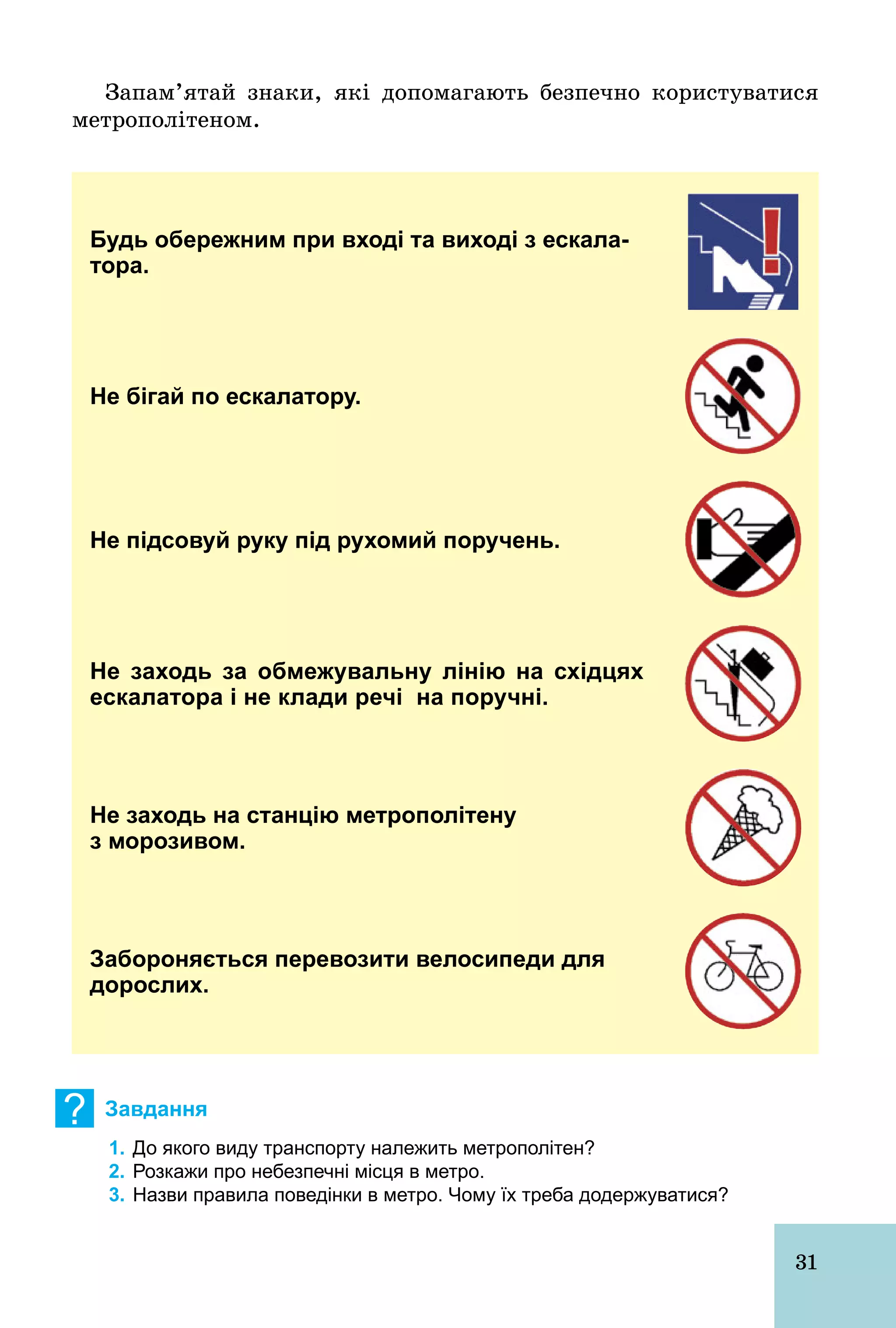 31
Запам’ятай знаки, які допомагають безпечно користуватися
метрополітеном.
Будь обережним при вході та виході з ескала-
тора.
Не бігай по ескалатору.
Не підсовуй руку під рухомий поручень.
Не заходь за обмежувальну лінію на східцях
ескалатора і не клади речі на поручні.
Не заходь на станцію метрополітену
з морозивом.
Забороняється перевозити велосипеди для
дорослих.
? Завдання
1. До якого виду транспорту належить метрополітен?
2. Розкажи про небезпечні місця в метро.
3. Назви правила поведінки в метро. Чому їх треба додержуватися?
 