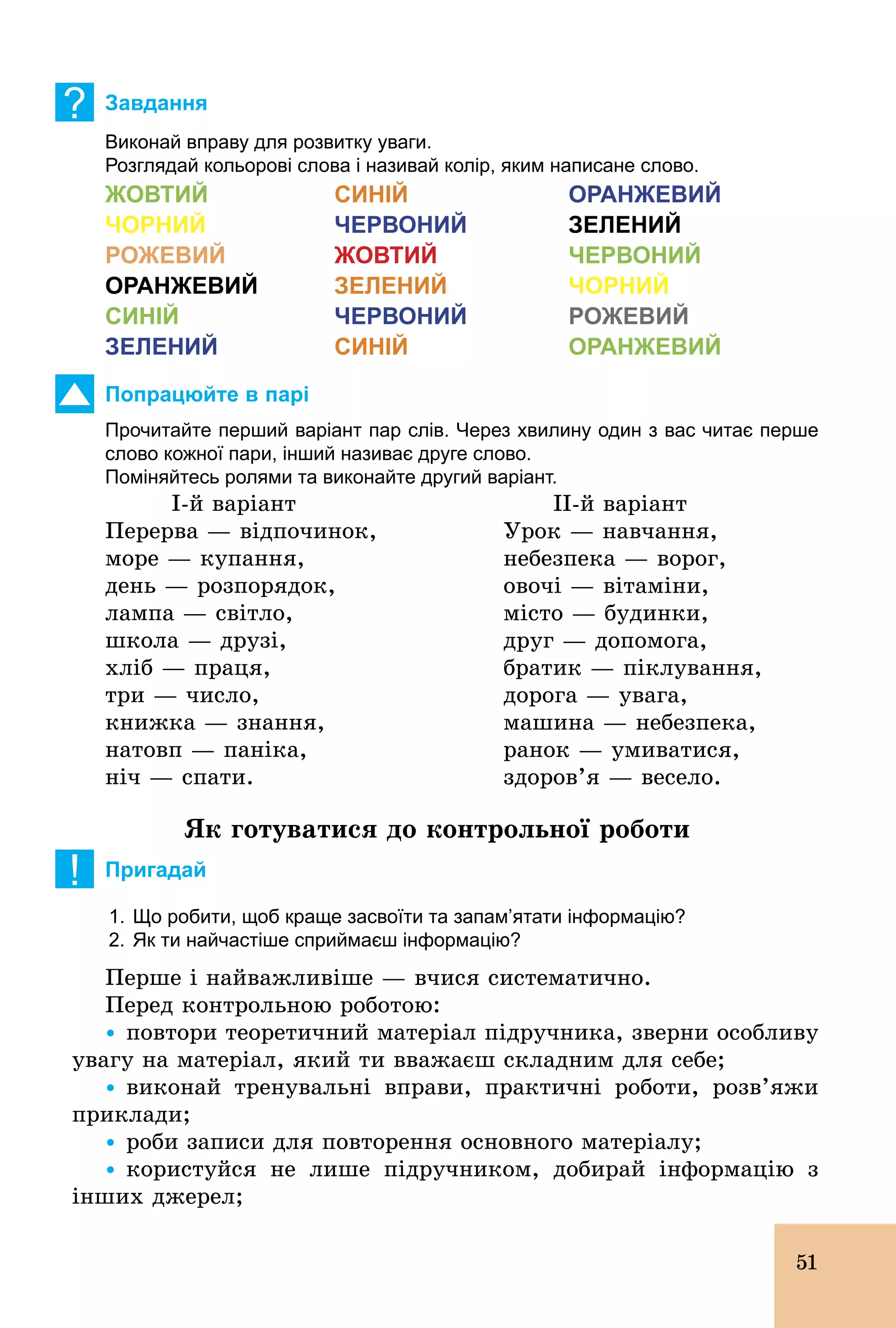51
? Завдання
Виконай вправу для розвитку уваги.
Розглядай кольорові слова і називай колір, яким написане слово.
ЖОВТИЙ СИНІЙ ОРАНЖЕВИЙ
ЧОРНИЙ ЧЕРВОНИЙ ЗЕЛЕНИЙ
РОЖЕВИЙ ЖОВТИЙ ЧЕРВОНИЙ
ОРАНЖЕВИЙ ЗЕЛЕНИЙ ЧОРНИЙ
СИНІЙ ЧЕРВОНИЙ РОЖЕВИЙ
ЗЕЛЕНИЙ СИНІЙ ОРАНЖЕВИЙ
Попрацюйте в парі
Прочитайте перший варіант пар слів. Через хвилину один з вас читає перше
слово кожної пари, інший називає друге слово.
Поміняйтесь ролями та виконайте другий варіант.
I­й варіант
Перерва — відпочинок,
море — купання,
день — розпорядок,
лампа — світло,
школа — друзі,
хліб — праця,
три — число,
книжка — знання,
натовп — паніка,
ніч — спати.
II­й варіант
Урок — навчання,
небезпека — ворог,
овочі — вітаміни,
місто — будинки,
друг — допомога,
братик — піклування,
дорога — увага,
машина — небезпека,
ранок — умиватися,
здоров’я — весело.
Як готуватися до контрольної роботи
! Пригадай
1. Що робити, щоб краще засвоїти та запам’ятати інформацію?
2. Як ти найчастіше сприймаєш інформацію?
Перше і найважливіше — вчися систематично.
Перед контрольною роботою:
Ÿ повтори теоретичний матеріал підручника, зверни особливу
увагу на матеріал, який ти вважаєш складним для себе;
Ÿ виконай тренувальні вправи, практичні роботи, розв’яжи
приклади;
Ÿ роби записи для повторення основного матеріалу;
Ÿ користуйся не лише підручником, добирай інформацію з
інших джерел;
 