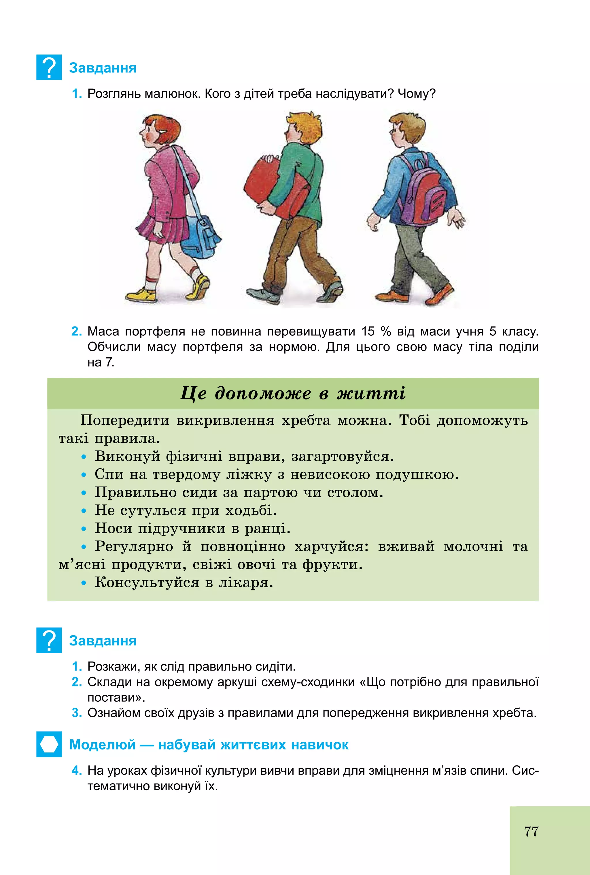 77
? Завдання
1. Розглянь малюнок. Кого з дітей треба наслідувати? Чому?
2. Маса портфеля не повинна перевищувати 15 % від маси учня 5 класу.
Обчисли масу портфеля за нормою. Для цього свою масу тіла поділи
на 7.
Попередити викривлення хребта можна. Тобі допоможуть
такі правила.
Ÿ Виконуй фізичні вправи, загартовуйся.
Ÿ Спи на твердому ліжку з невисокою подушкою.
Ÿ Правильно сиди за партою чи столом.
Ÿ Не сутулься при ходьбі.
Ÿ Носи підручники в ранці.
Ÿ Регулярно й повноцінно харчуйся: вживай молочні та
м’ясні продукти, свіжі овочі та фрукти.
Ÿ Консультуйся в лікаря.
Це допоможе в житті
? Завдання
1. Розкажи, як слід правильно сидіти.
2. Склади на окремому аркуші схему­сходинки «Що потрібно для правильної
постави».
3. Ознайом своїх друзів з правилами для попередження викривлення хребта.
Моделюй — набувай життєвих навичок
4. На уроках фізичної культури вивчи вправи для зміцнення м’язів спини. Сис­
тематично виконуй їх.
 
