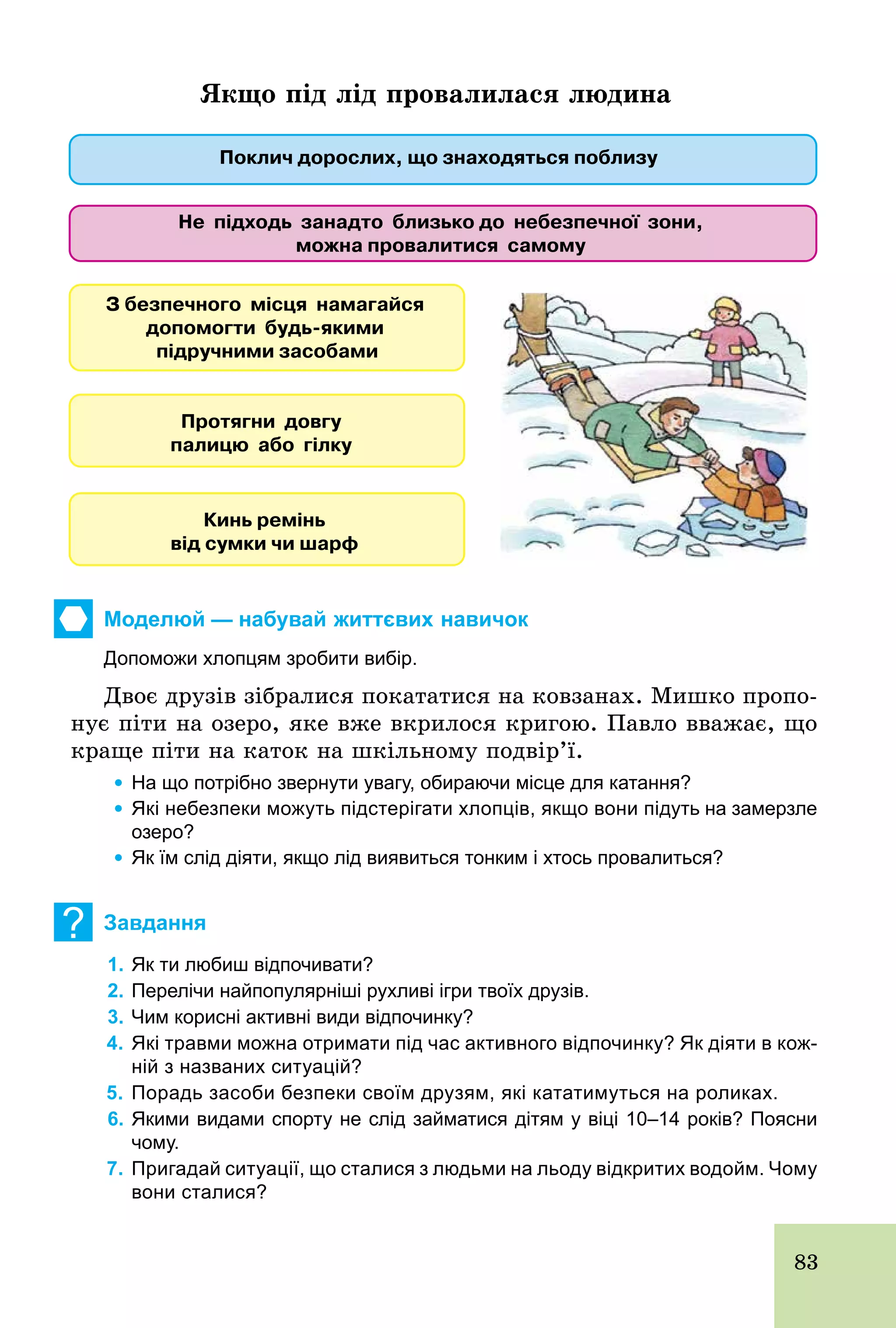 83
Якщо під лід провалилася людина
Моделюй — набувай життєвих навичок
Допоможи хлопцям зробити вибір.
Двоє друзів зібралися покататися на ковзанах. Мишко пропо-
нує піти на озеро, яке вже вкрилося кригою. Павло вважає, що
краще піти на каток на шкільному подвір’ї.
	 Ÿ На що потрібно звернути увагу, обираючи місце для катання?
	 Ÿ Які небезпеки можуть підстерігати хлопців, якщо вони підуть на замерзле
озеро?
	 Ÿ Як їм слід діяти, якщо лід виявиться тонким і хтось провалиться?
? Завдання
1. Як ти любиш відпочивати?
2. Перелічи найпопулярніші рухливі ігри твоїх друзів.
3. Чим корисні активні види відпочинку?
4. Які травми можна отримати під час активного відпочинку? Як діяти в кож­
ній з названих ситуацій?
5. Порадь засоби безпеки своїм друзям, які кататимуться на роликах.
6. Якими видами спорту не слід займатися дітям у віці 10–14 років? Поясни
чому.
7. Пригадай ситуації, що сталися з людьми на льоду відкритих водойм. Чому
вони сталися?
 