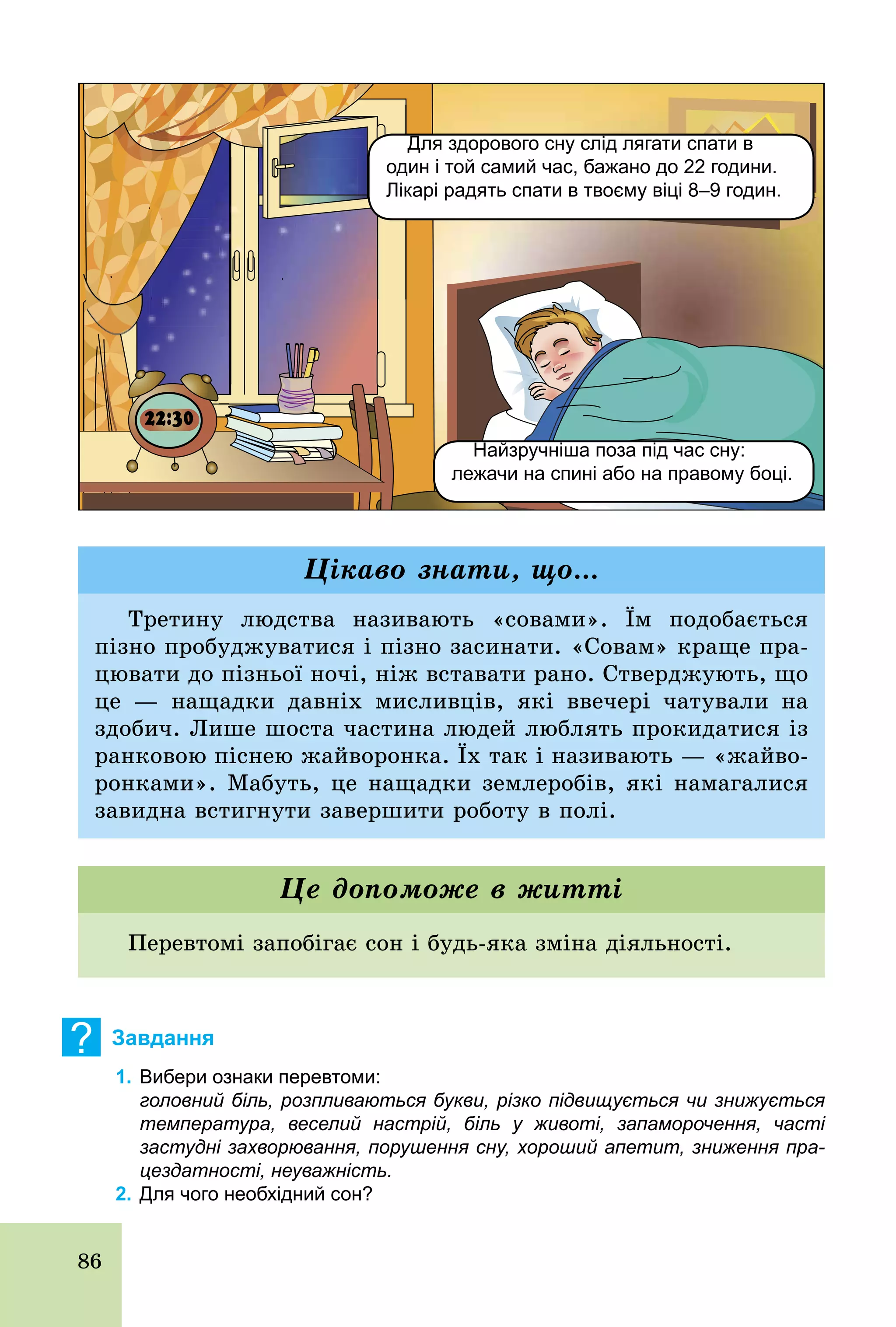 86
Для здорового сну слід лягати спати в
один і той самий час, бажано до 22 години.
Лікарі радять спати в твоєму віці 8–9 годин.
Найзручніша поза під час сну:
лежачи на спині або на правому боці.
Третину людства називають «совами». Їм подобається
пізно пробуджуватися і пізно засинати. «Совам» краще пра-
цювати до пізньої ночі, ніж вставати рано. Стверджують, що
це — нащадки давніх мисливців, які ввечері чатували на
здобич. Лише шоста частина людей люблять прокидатися із
ранковою піснею жайворонка. Їх так і називають — «жайво-
ронками». Мабуть, це нащадки землеробів, які намагалися
завидна встигнути завершити роботу в полі.
Цікаво знати, що...
Перевтомі запобігає сон і будь­яка зміна діяльності.
Це допоможе в житті
? Завдання
1. Вибери ознаки перевтоми:
головний біль, розпливаються букви, різко підвищується чи знижується
температура, веселий настрій, біль у животі, запаморочення, часті
застудні захворювання, порушення сну, хороший апетит, зниження пра
цездатності, неуважність.
2. Для чого необхідний сон?
 