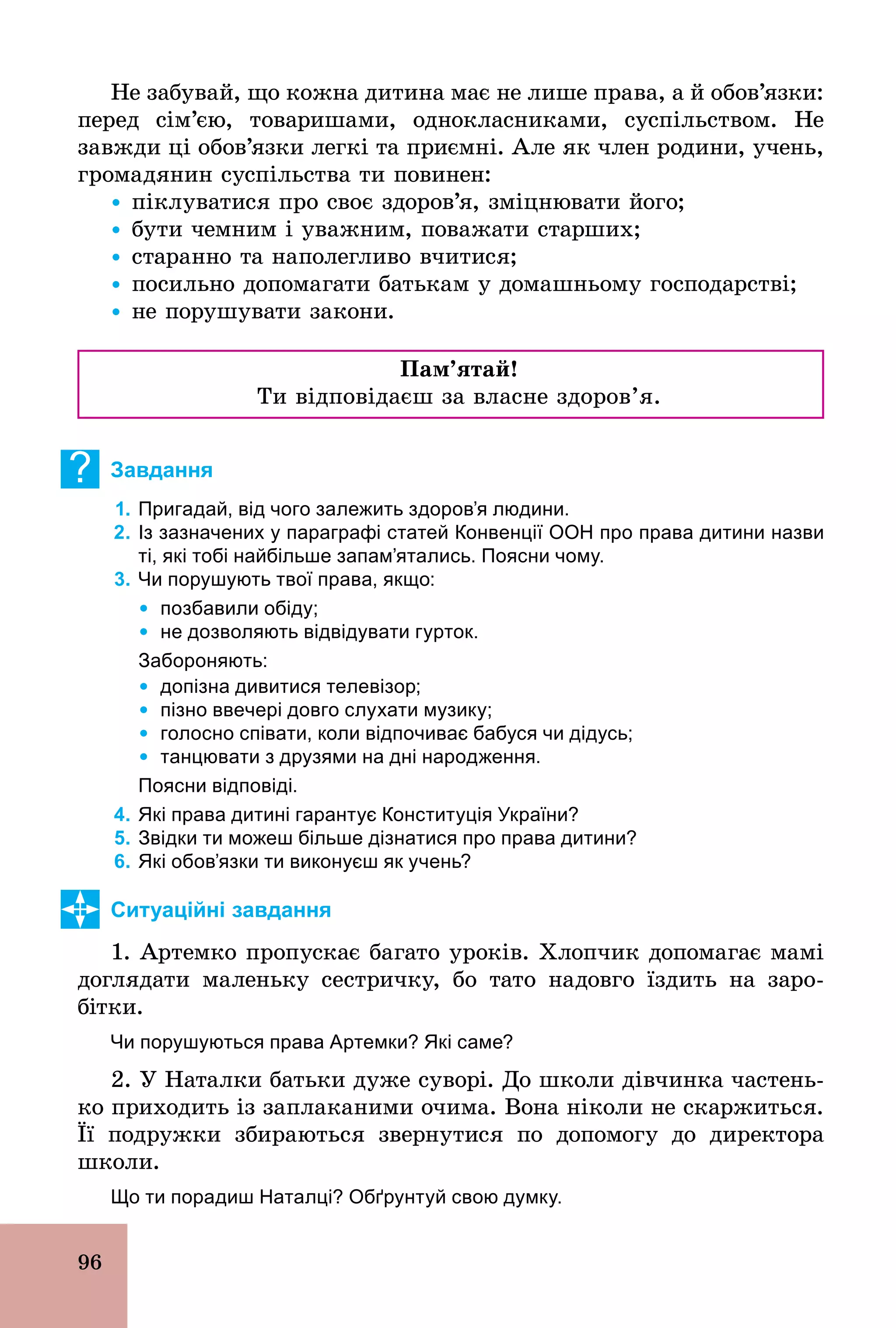 96
Не забувай, що кожна дитина має не лише права, а й обов’язки:
перед сім’єю, товаришами, однокласниками, суспільством. Не
завжди ці обов’язки легкі та приємні. Але як член родини, учень,
громадянин суспільства ти повинен:
Ÿ піклуватися про своє здоров’я, зміцнювати його;
Ÿ бути чемним і уважним, поважати старших;
Ÿ старанно та наполегливо вчитися;
Ÿ посильно допомагати батькам у домашньому господарстві;
Ÿ не порушувати закони.
Ïàì’ÿòàé!
Ти відповідаєш за власне здоров’я.
? Завдання
1. Пригадай, від чого залежить здоров’я людини.
2. Із зазначених у параграфі статей Конвенції ООН про права дитини назви
ті, які тобі найбільше запам’ятались. Поясни чому.
3. Чи порушують твої права, якщо:
Ÿ позбавили обіду;
Ÿ не дозволяють відвідувати гурток.
Забороняють:
Ÿ допізна дивитися телевізор;
Ÿ пізно ввечері довго слухати музику;
Ÿ голосно співати, коли відпочиває бабуся чи дідусь;
Ÿ танцювати з друзями на дні народження.
Поясни відповіді.
4. Які права дитині гарантує Конституція України?
5. Звідки ти можеш більше дізнатися про права дитини?
6. Які обов’язки ти виконуєш як учень?
Ситуаційні завдання
1. Артемко пропускає багато уроків. Хлопчик допомагає мамі
доглядати маленьку сестричку, бо тато надовго їздить на заро-
бітки.
Чи порушуються права Артемки? Які саме?
2. У Наталки батьки дуже суворі. До школи дівчинка частень­
ко приходить із заплаканими очима. Вона ніколи не скаржиться.
Її подружки збираються звернутися по допомогу до директора
школи.
Що ти порадиш Наталці? Обґрунтуй свою думку.
 
