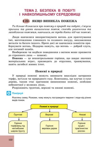 122
ТЕМА 2. БЕЗПЕКА В ПОБУТІ
І НАВКОЛИШНЬОМУ СЕРЕДОВИЩІ
§ 22. ЯКЩО ВИНИКЛА ПОЖЕЖА
Ти більше дізнаєшся про пожежу в природі та побуті, з’ясуєш
причини та умови виникнення пожеж, способи уникнення та
запобігання пожежам, навчишся, як треба діяти під час пожежі.
Люди навчилися використовувати вогонь для приготування
їжі, виготовлення глиняного та скляного посуду, виплавляння
металів та багато іншого. Проте досі не навчилися повністю при-
боркувати вогонь. Недарма кажуть, що вогонь — добрий слуга,
але поганий хазяїн.
Необережне чи недбале поводження з вогнем може призвести
до страшного лиха — пожежі.
Ïîæåæà — це неконтрольоване горіння, що завдає значних
матеріальних втрат, призводить до отруєння, травмування,
навіть загибелі живих істот.
Пожежі в природі
У природі пожежі можуть виникати внаслідок загорання
торфу, вугілля чи природного газу. Блискавка, що влучає в сухе
дерево, також стає причиною виникнення пожежі, особливо
небезпечної у великих лісах.
Розрізняють ґрунтові, верхові та низові пожежі.
Поміркуй
Розглянь схему. Розкажи, чому можуть постраждати тварини і люди від різних
видів пожеж.
Пожежі в природі
Ґрунтові Верхові Низові
Горіння
торфовищ під
неглибоким
шаром ґрунту
Горіння
верхівок дерев
Горіння
кущів і
трав’янистих
рослин
 