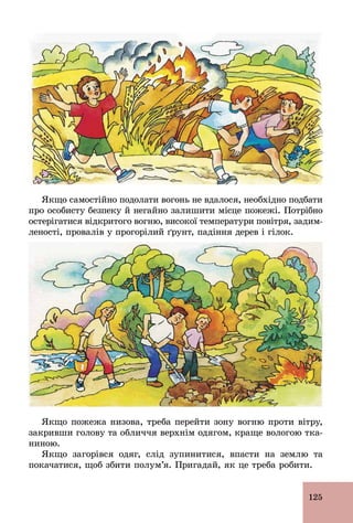 125
Якщо самостійно подолати вогонь не вдалося, необхідно подбати
про особисту безпеку й негайно залишити місце пожежі. Потрібно
остерігатися відкритого вогню, високої температури повітря, задим-
леності, провалів у прогорілий ґрунт, падіння дерев і гілок.
Якщо пожежа низова, треба перейти зону вогню проти вітру,
закривши голову та обличчя верхнім одягом, краще вологою тка-
ниною.
Якщо загорівся одяг, слід зупинитися, впасти на землю та
покачатися, щоб збити полум’я. Пригадай, як це треба робити.
 