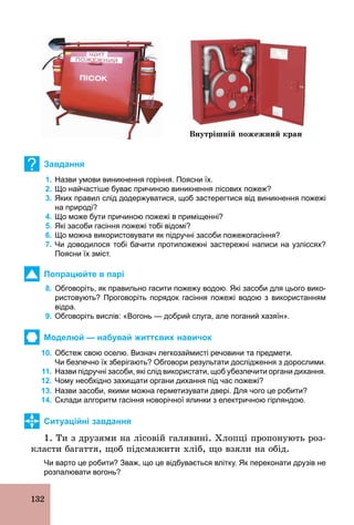 132
Внутрішній пожежний кран
? Завдання
1. Назви умови виникнення горіння. Поясни їх.
2. Що найчастіше буває причиною виникнення лісових пожеж?
3. Яких правил слід додержуватися, щоб застерегтися від виникнення пожежі
на природі?
4. Що може бути причиною пожежі в приміщенні?
5. Які засоби гасіння пожежі тобі відомі?
6. Що можна використовувати як підручні засоби пожежогасіння?
7. Чи доводилося тобі бачити протипожежні застережні написи на узліссях?
Поясни їх зміст.
Попрацюйте в парі
8. Обговоріть, як правильно гасити пожежу водою. Які засоби для цього вико­
ристовують? Проговоріть порядок гасіння пожежі водою з використанням
відра.
9. Обговоріть вислів: «Вогонь — добрий слуга, але поганий хазяїн».
Моделюй — набувай життєвих навичок
10. Обстеж свою оселю. Визнач легкозаймисті речовини та предмети.
Чи безпечно їх зберігають? Обговори результати дослідження з дорослими.
11. Назви підручні засоби, які слід використати, щоб убезпечити органи дихання.
12. Чому необхідно захищати органи дихання під час пожежі?
13. Назви засоби, якими можна герметизувати двері. Для чого це робити?
14. Склади алгоритм гасіння новорічної ялинки з електричною гірляндою.
Ситуаційні завдання
1. Ти з друзями на лісовій галявині. Хлопці пропонують роз-
класти багаття, щоб підсмажити хліб, що взяли на обід.
Чи варто це робити? Зваж, що це відбувається влітку. Як переконати друзів не
розпалювати вогонь?
 