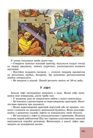 135
У таких ситуаціях треба діяти так:
Ÿ Створити навколо вільний простір, відсунути подалі гострі
та тверді предмети, чимось укритися, влаштуватися якомога
зручніше.
Ÿ Постійно подавати сигнали — стукати твердим предметом
по металевих трубах, батареях. Це допоможе рятувальникам
знайти потерпілого.
Ÿ Не впадати у відчай. Людей рятують навіть на 10­ту добу.
У ліфті
Інколи ліфт несподівано виходить з ладу. Якщо ліфт зупи-
нився між поверхами, діяти треба так:
Ÿ У жодному разі не намагатися вийти з нього самотужки.
Ÿ Зв’язатися з диспетчером по переговорному пристрою. Напо-
легливо просити про допомогу.
Ÿ Якщо переговорний пристрій відсутній або не працює, сту-
кати і кликати на допомогу мешканців будинку. Вони зателефо-
нують у ремонтну службу ліфтів та повідомлять твоїх батьків.
Ÿ Не пустувати у ліфті із запальничками і сірниками. Пожежа
в ньому вкрай небезпечна! Під час горіння пластмасових панелей
виділяються отруйні речовини. Вентиляція у шахті ліфта при-
зводить до поширення вогню.
 