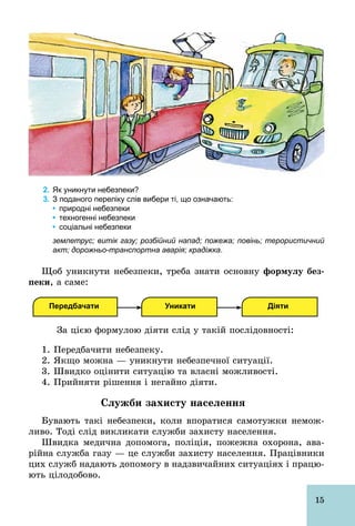 15
2. Як уникнути небезпеки?
3. З поданого переліку слів вибери ті, що означають:
• природні небезпеки
• техногенні небезпеки
• соціальні небезпеки
землетрус; витік газу; розбійний напад; пожежа; повінь; терористичний
акт; дорожньотранспортна аварія; крадіжка.
Щоб уникнути небезпеки, треба знати основну формулу без-
ïåêè, а саме:
Передбачати Уникати Діяти
За цією формулою діяти слід у такій послідовності:
1. Передбачити небезпеку.
2. Якщо можна — уникнути небезпечної ситуації.
3. Швидко оцінити ситуацію та власні можливості.
4. Прийняти рішення і негайно діяти.
Служби захисту населення
Бувають такі небезпеки, коли впоратися самотужки немож-
ливо. Тоді слід викликати служби захисту населення.
Швидка медична допомога, поліція, пожежна охорона, ава-
рійна служба газу — це служби захисту населення. Працівники
цих служб надають допомогу в надзвичайних ситуаціях і працю-
ють цілодобово.
 