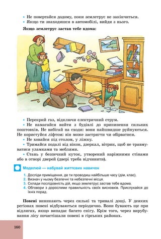 160
Ÿ Не повертайся додому, поки землетрус не закінчиться.
Ÿ Якщо ти знаходишся в автомобілі, вийди з нього.
Якщо землетрус застав тебе вдома:
Ÿ Перекрий газ, відключи електричний струм.
Ÿ Не намагайся вийти з будівлі до припинення сильних
поштовхів. Не вибігай на сходи: вони найшвидше руйнуються.
Не користуйся ліфтом: він може застрягти чи обірватися.
Ÿ Не ховайся під столом, у ліжку.
Ÿ Тримайся подалі від вікон, дзеркал, вітрин, щоб не травму-
ватися уламками та меблями.
Ÿ Стань у безпечний куток, утворений наріжними стінами
або в отворі дверей (двері треба відчинити).
Моделюй — набувай життєвих навичок
1. Досліди приміщення, де ти проводиш найбільше часу (дім, клас).
2. Визнач у ньому безпечні та небезпечні місця.
3. Склади послідовність дій, якщо землетрус застав тебе вдома.
4. Обговори з дорослими правильність своїх висновків. Прислухайся до
їхніх порад.
Повені виникають через сильні та тривалі дощі. У деяких
регіонах повені відбуваються періодично. Вони бувають ще при
відлигах, якщо випадає багато снігу. Крім того, через вирубу-
вання лісу почастішали повені в гірських районах.
 