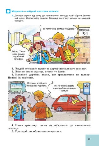 25
Моделюй — набувай життєвих навичок
7. Досліди дорогу від дому до навчального закладу, щоб обрати безпеч­
ний шлях. Скористайся планом. Відповіді до плану запиши чи замалюй
у зошиті.
Ти пам’ятаєш домашню адресу?
Звісно. Та ще
знаю мамин
службовий
телефон.
1. Згадай домашню адресу та адресу навчального закладу.
2. Запиши назви вулиць, якими ти йдеш.
3. Намалюй дорожні знаки, що трапляються на шляху.
Поясни їх значення.
Поглянь, водій про­
понує нам під’їхати. Ні! Не можна сідати
в автомобіль до незна­
йомця!
4. Назви транспорт, яким ти доїжджаєш до навчального
закладу.
5. Пригадай, як облаштовано зупинки.
 