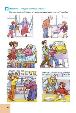 68
Моделюй — набувай життєвих навичок
Розглянь малюнки. Розкажи, яку допомогу надають діти тим, хто її потребує.
 
