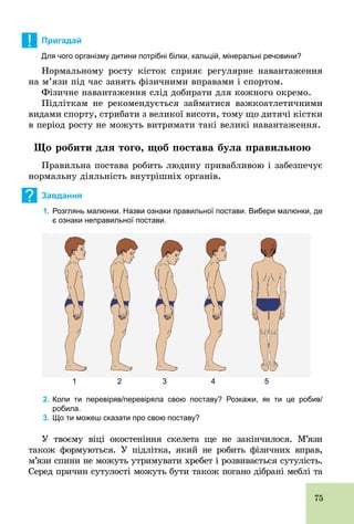 75
! Пригадай
Для чого організму дитини потрібні білки, кальцій, мінеральні речовини?
Нормальному росту кісток сприяє регулярне навантаження
на м’язи під час занять фізичними вправами і спортом.
Фізичне навантаження слід добирати для кожного окремо.
Підліткам не рекомендується займатися важкоатлетичними
видами спорту, стрибати з великої висоти, тому що дитячі кістки
в період росту не можуть витримати такі великі навантаження.
Що робити для того, щоб постава була правильною
Правильна постава робить людину привабливою і забезпечує
нормальну діяльність внутрішніх органів.
? Завдання
1. Розглянь малюнки. Назви ознаки правильної постави. Вибери малюнки, де
є ознаки неправильної постави.
21 3 4 5
2. Коли ти перевіряв/перевіряла свою поставу? Розкажи, як ти це робив/
робила.
3. Що ти можеш сказати про свою поставу?
У твоєму віці окостеніння скелета ще не закінчилося. М’язи
також формуються. У підлітка, який не робить фізичних вправ,
м’язи спини не можуть утримувати хребет і розвивається сутулість.
Серед причин сутулості можуть бути також погано дібрані меблі та
 