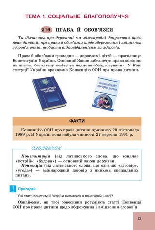 93
ТЕМА 1. СОЦІАЛЬНЕ БЛАГОПОЛУЧЧЯ
§ 16. ПРАВА Й ОБОВ’ЯЗКИ
Ти дізнаєшся про державні та міжнародні документи щодо
прав дитини, про права й обов’язки щодо збереження і зміцнення
здоров’я учнів, особисту відповідальність за здоров’я.
Права й обов’язки громадян — дорослих і дітей — проголошує
Конституція України. Основний Закон забезпечує право кожного
на життя, безплатну освіту та медичне обслуговування. У Кон-
ституції України враховано Конвенцію ООН про права дитини.
Конвенцію ООН про права дитини прийнято 20 листопада
1989 р. В Україні вона набула чинності 27 вересня 1991 р.
ФАКТИ
Конституція (від латинського слова, що означає
«устрій», «будова») — основний закон держави.
Конвенція (від латинського слова, що означає «договір»,
«угода») — міжнародний договір з якихось спеціальних
питань.
СЛОВНИЧОК
! Пригадай
Які статті Конституції України вивчалися в початковій школі?
Ознайомся, як твої ровесники розуміють статті Конвенції
ООН про права дитини щодо збереження і зміцнення здоров’я.
 