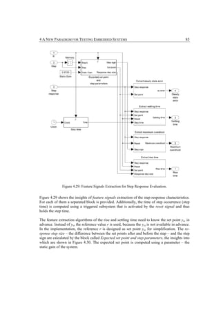 4 A NEW PARADIGM FOR TESTING EMBEDDED SYSTEMS                                                   85




               Figure 4.29: Feature Signals Extraction for Step Response Evaluation.


Figure 4.29 shows the insights of feature signals extraction of the step response characteristics.
For each of them a separated block is provided. Additionally, the time of step occurrence (step
time) is computed using a triggered subsystem that is activated by the reset signal and thus
holds the step time.

The feature extraction algorithms of the rise and settling time need to know the set point yss in
advance. Instead of yss the reference value r is used, because the yss is not available in advance.
In the implementation, the reference r is designed as set point yss for simplification. The re-
sponse step size – the difference between the set points after and before the step – and the step
sign are calculated by the block called Expected set point and step parameters, the insights into
which are shown in Figure 4.30. The expected set point is computed using a parameter – the
static gain of the system.
 