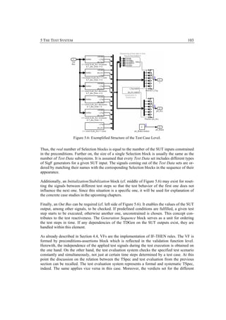 5 THE TEST SYSTEM                                                                              103




                     Figure 5.6: Exemplified Structure of the Test Case Level.


Thus, the real number of Selection blocks is equal to the number of the SUT inputs constrained
in the preconditions. Further on, the size of a single Selection block is usually the same as the
number of Test Data subsystems. It is assumed that every Test Data set includes different types
of SigF generators for a given SUT input. The signals coming out of the Test Data sets are or-
dered by matching their names with the corresponding Selection blocks in the sequence of their
appearance.

Additionally, an Initialization/Stabilization block (cf. middle of Figure 5.6) may exist for reset-
ting the signals between different test steps so that the test behavior of the first one does not
influence the next one. Since this situation is a specific one, it will be used for explanation of
the concrete case studies in the upcoming chapters.

Finally, an Out Bus can be required (cf. left side of Figure 5.6). It enables the values of the SUT
output, among other signals, to be checked. If predefined conditions are fulfilled, a given test
step starts to be executed; otherwise another one, unconstrained is chosen. This concept con-
tributes to the test reactiveness. The Generation Sequence block serves as a unit for ordering
the test steps in time. If any dependencies of the TDGen on the SUT outputs exist, they are
handled within this element.

As already described in Section 4.4, VFs are the implementation of IF-THEN rules. The VF is
formed by preconditions-assertions block which is reflected in the validation function level.
Herewith, the independence of the applied test signals during the test execution is obtained on
the one hand. On the other hand, the test evaluation system checks the specified test scenario
constantly and simultaneously, not just at certain time steps determined by a test case. At this
point the discussion on the relation between the TSpec and test evaluation from the previous
section can be recalled. The test evaluation system represents a formal and systematic TSpec,
indeed. The same applies vice versa in this case. Moreover, the verdicts set for the different
 
