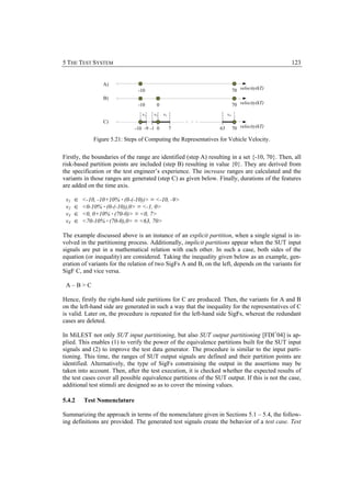 5 THE TEST SYSTEM                                                                               123


                  A)
                                -10                                         70 velocity(kT)
                  B)
                                -10     0                                   70 velocity(kT)
                                  v1   v2    v3                        v4
                  C)
                               -10 -9 -1 0        7               63        70 velocity(kT)

              Figure 5.21: Steps of Computing the Representatives for Vehicle Velocity.


Firstly, the boundaries of the range are identified (step A) resulting in a set {-10, 70}. Then, all
risk-based partition points are included (step B) resulting in value {0}. They are derived from
the specification or the test engineer’s experience. The increase ranges are calculated and the
variants in those ranges are generated (step C) as given below. Finally, durations of the features
are added on the time axis.

 v1   ∈   <-10, -10+10% · (0-(-10))> ≡ <-10, -9>
 v2   ∈   <0-10% · (0-(-10)),0> ≡ <-1, 0>
 v3   ∈   <0, 0+10% · (70-0)> ≡ <0, 7>
 v4   ∈   <70-10% · (70-0),0> ≡ <63, 70>

The example discussed above is an instance of an explicit partition, when a single signal is in-
volved in the partitioning process. Additionally, implicit partitions appear when the SUT input
signals are put in a mathematical relation with each other. In such a case, both sides of the
equation (or inequality) are considered. Taking the inequality given below as an example, gen-
eration of variants for the relation of two SigFs A and B, on the left, depends on the variants for
SigF C, and vice versa.

 A–B>C

Hence, firstly the right-hand side partitions for C are produced. Then, the variants for A and B
on the left-hand side are generated in such a way that the inequality for the representatives of C
is valid. Later on, the procedure is repeated for the left-hand side SigFs, whereat the redundant
cases are deleted.

In MiLEST not only SUT input partitioning, but also SUT output partitioning [FDI+04] is ap-
plied. This enables (1) to verify the power of the equivalence partitions built for the SUT input
signals and (2) to improve the test data generator. The procedure is similar to the input parti-
tioning. This time, the ranges of SUT output signals are defined and their partition points are
identified. Alternatively, the type of SigFs constraining the output in the assertions may be
taken into account. Then, after the test execution, it is checked whether the expected results of
the test cases cover all possible equivalence partitions of the SUT output. If this is not the case,
additional test stimuli are designed so as to cover the missing values.

5.4.2     Test Nomenclature

Summarizing the approach in terms of the nomenclature given in Sections 5.1 – 5.4, the follow-
ing definitions are provided. The generated test signals create the behavior of a test case. Test
 