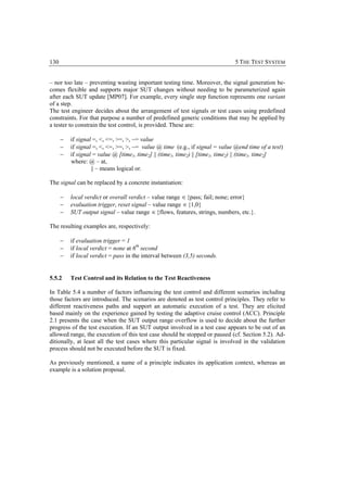 130                                                                           5 THE TEST SYSTEM


– nor too late – preventing wasting important testing time. Moreover, the signal generation be-
comes flexible and supports major SUT changes without needing to be parameterized again
after each SUT update [MP07]. For example, every single step function represents one variant
of a step.
The test engineer decides about the arrangement of test signals or test cases using predefined
constraints. For that purpose a number of predefined generic conditions that may be applied by
a tester to constrain the test control, is provided. These are:

      −   if signal =, <, <=, >=, >, ~= value
      −   if signal =, <, <=, >=, >, ~= value @ time (e.g., if signal = value @end time of a test)
      −   if signal = value @ [time1, time2] || (time1, time2) || [time1, time2) || (time1, time2]
          where: @ – at,
                   || – means logical or.

The signal can be replaced by a concrete instantiation:

      −   local verdict or overall verdict – value range ∈ {pass; fail; none; error}
      −   evaluation trigger, reset signal – value range ∈ {1,0}
      −   SUT output signal – value range ∈ {flows, features, strings, numbers, etc.}.

The resulting examples are, respectively:

      −   if evaluation trigger = 1
      −   if local verdict = none at 6th second
      −   if local verdict = pass in the interval between (3,5) seconds.


5.5.2     Test Control and its Relation to the Test Reactiveness

In Table 5.4 a number of factors influencing the test control and different scenarios including
those factors are introduced. The scenarios are denoted as test control principles. They refer to
different reactiveness paths and support an automatic execution of a test. They are elicited
based mainly on the experience gained by testing the adaptive cruise control (ACC). Principle
2.1 presents the case when the SUT output range overflow is used to decide about the further
progress of the test execution. If an SUT output involved in a test case appears to be out of an
allowed range, the execution of this test case should be stopped or paused (cf. Section 5.2). Ad-
ditionally, at least all the test cases where this particular signal is involved in the validation
process should not be executed before the SUT is fixed.

As previously mentioned, a name of a principle indicates its application context, whereas an
example is a solution proposal.
 
