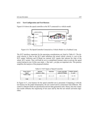 6 CASE STUDIES                                                                                        157


6.3.1     Test Configuration and Test Harness

Figure 6.16 shows the speed controller as the SUT connected to a vehicle model.




        Figure 6.16: The Speed Controller Connected to a Vehicle Model via a Feedback Loop.


The SUT interfaces important for the upcoming considerations are listed in Table 6.5. The de-
sired velocity (v_Des) at the SUT input influences the actual vehicle velocity (v_act) at the
SUT output. Selection and CCMode are internal ACC signals that indicate the state of the
whole ACC system. They will both be set to a predefined constant value to activate the speed
control during its test. In this case study, v_Des and v_act play an important role. This practice
simplifies the analysis of the proposed solution.

                            Table 6.5: SUT Inputs of Speed Controller.
          Name of SUT            Desired         Selection     Cruise controller   Vehicle velocity
             signal          velocity (v_Des)                  mode (CCMode)           (v_act)
          Values range
                                <10, 70>        {0, 1, 2, 3}      {0, 1, 2, 3}        <-10, 70>

              Unit                m/s                –                 –                 m/s


In Figure 6.17, a test harness for the speed controller test is presented. Comparing it with the
test harness for the pedal interpretation, the test control and its connections look different. The
control is linked to both test specification and test data generation units. Hence, here the evalua-
tion results influence the sequencing of test cases and by that the test stimuli activation algo-
rithm.
 