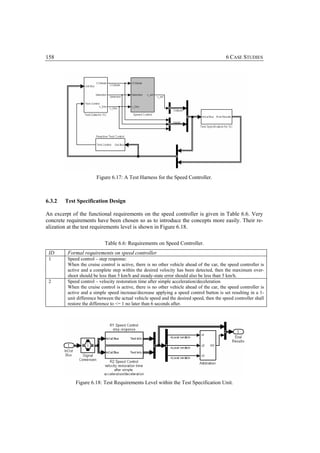 158                                                                                         6 CASE STUDIES




                        Figure 6.17: A Test Harness for the Speed Controller.



6.3.2   Test Specification Design

An excerpt of the functional requirements on the speed controller is given in Table 6.6. Very
concrete requirements have been chosen so as to introduce the concepts more easily. Their re-
alization at the test requirements level is shown in Figure 6.18.

                            Table 6.6: Requirements on Speed Controller.
 ID      Formal requirements on speed controller
 1       Speed control – step response:
         When the cruise control is active, there is no other vehicle ahead of the car, the speed controller is
         active and a complete step within the desired velocity has been detected, then the maximum over-
         shoot should be less than 5 km/h and steady-state error should also be less than 5 km/h.
 2       Speed control – velocity restoration time after simple acceleration/deceleration
         When the cruise control is active, there is no other vehicle ahead of the car, the speed controller is
         active and a simple speed increase/decrease applying a speed control button is set resulting in a 1-
         unit difference between the actual vehicle speed and the desired speed, then the speed controller shall
         restore the difference to <= 1 no later than 6 seconds after.




             Figure 6.18: Test Requirements Level within the Test Specification Unit.
 
