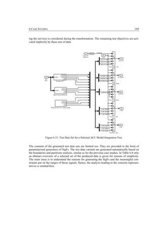 6 CASE STUDIES                                                                                 169


ing the services is considered during the transformation. The remaining test objectives are acti-
vated implicitly by these sets of data.




              Figure 6.31: Test Data Set for a Selected ACC Model Integration Test.


The contents of the generated test data sets are limited too. They are provided in the form of
parameterized generators of SigFs. The test data variants are generated automatically based on
the boundaries and partitions analysis, similar as for the previous case studies. In Table 6.8 only
an abstract overview of a selected set of the produced data is given for reasons of simplicity.
The main issue is to understand the reasons for generating the SigFs and the meaningful con-
straints put on the ranges of those signals. Hence, the analysis leading to the concrete represen-
tatives is omitted here.
 