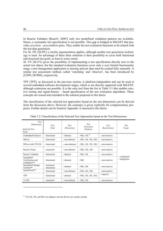46                                                                                   3 SELECTED TEST APPROACHES


In Reactis Validator [ReactV, SD07] only two predefined validation patterns are available.
Hence, a systematic test specification is not possible. This gap is bridged in MiLEST that pro-
vides assertion – precondition pairs. They enable the test evaluation functions to be related with
the test data generation.
For SL DV [SLDV] a similar argumentation applies, although another test generation technol-
ogy is used. An advantage of these three solutions is their possibility to cover both functional
and structural test goals, at least to some extent.
SL VV [SLVV] gives the possibility of implementing a test specification directly next to the
actual test object, but the standard evaluation functions cover only a very limited functionality
range, a test management application is missing and test data must be created fully manually. A
similar test assessment method, called ‘watchdog’ and ‘observer’, has been introduced by
[CH98, DCB04], respectively.

TPT [TPT], as discussed in the previous section, is platform-independent and can be used at
several embedded software development stages, which is not directly supported with MiLEST,
although extensions are possible. It is the only tool from the list in Table 3.1 that enables reac-
tive testing and signal-feature – based specification of the test evaluation algorithms. These
concepts are reused and extended in the solution proposed in this thesis.

The classification of the selected test approaches based on the test dimensions can be derived
from the discussion above. However, the summary is given explicitly for complementary pur-
poses. Further details can be found in Appendix A annexed to this thesis.

         Table 3.2: Classification of the Selected Test Approaches based on the Test Dimensions.
                 Test
           Dimensions                                                     Test
                                 Test               Test                                      Test               Test
                                                                        Execution
                                 Goal            Abstraction                               Reactiveness         Scope
Selected Test                                                           Platform
Tools
EmbeddedValidator         - functional          - abstract        - MiL, SiL 22          - non-reactive
MEval                     - functional          - non-abstract    - MiL, SiL, PiL, HiL   - non-reactive

MTest with CTE/ES         - functional          - semi-abstract   - MiL, SiL, PiL, HiL   - non-reactive

Reactis Tester            - structural          - non-abstract    - MiL, SiL, HiL        - non-reactive

Reactis Validator         - functional          - abstract        - MiL, SiL             - non-reactive
Simulink®                                                                                                 - component
Verification and          - functional          - abstract        - MiL                  - non-reactive   - integration
Validation™
Simulink® Design          - structural
                                                - abstract        - MiL, SiL             - non-reactive
Verifier™                 - functional
SystemTest™               - functional          - non-abstract    - MiL, SiL, HiL        - non-reactive
                                                                                         - reactive
TPT                       - functional          - abstract        - MiL, SiL, PiL, HiL

T-VEC                     - structural          - non-abstract    - MiL, SiL             - non-reactive




22
     For SiL, PiL and HiL test adapters and test drivers are usually needed.
 