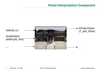 Pedal Interpretation Component




                                                          driving torque
 velocity (v)                                             (T_des_Drive)
 acceleration                       System
 pedal (phi_Acc)                     under
                                      Test

 …                                                        …




35   December, 19th, 2008   MBT of Embedded Systems        Justyna Zander-Nowicka
 