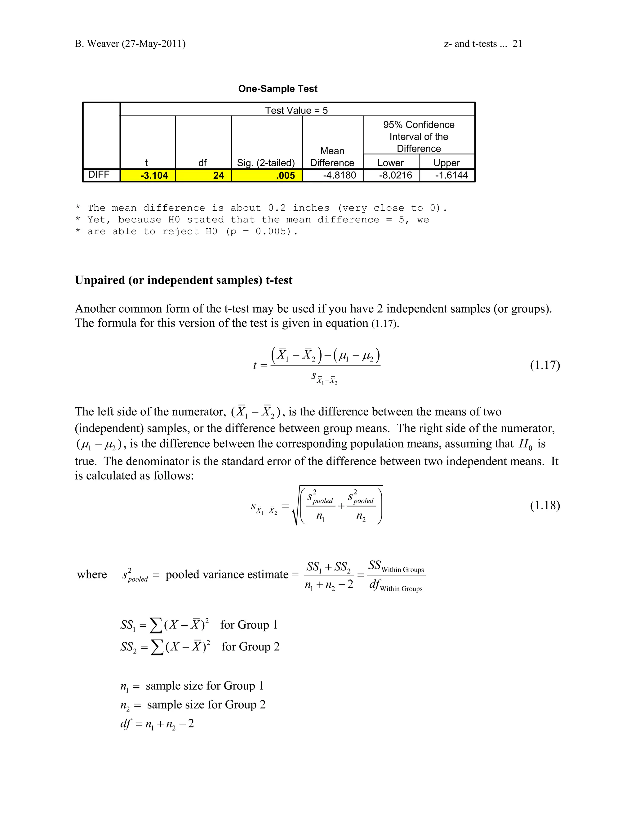 B. Weaver (27-May-2011) z- and t-tests ... 21 
One-Sample Test 
Test Value = 5 
t df Sig. (2-tailed) 
95% Confidence 
Interval of the 
Difference 
Mean 
Difference Lower Upper 
DIFF -3.104 24 .005 -4.8180 -8.0216 -1.6144 
* The mean difference is about 0.2 inches (very close to 0). 
* Yet, because H0 stated that the mean difference = 5, we 
* are able to reject H0 (p = 0.005). 
Unpaired (or independent samples) t-test 
Another common form of the t-test may be used if you have 2 independent samples (or groups). 
The formula for this version of the test is given in equation (1.17). 
( − ) − ( − 
) 
1 2 1 2 
= (1.17) 
X X 
1 2 
X X 
t 
s 
μ μ 
− 
The left side of the numerator, 1 2 (X − X ) , is the difference between the means of two 
(independent) samples, or the difference between group means. The right side of the numerator, 
1 2 (μ − μ ) , is the difference between the corresponding population means, assuming that 0 H is 
true. The denominator is the standard error of the difference between two independent means. It 
is calculated as follows: 
1 2 
 2 2 
 
pooled pooled 
=  +  
1 2 
X X 
s s 
s 
n n − 
  
(1.18) 
SS SS SS s 
2 1 2 Within Groups 
1 2 Within Groups 
where pooled variance estimate = 
2 
pooled 
1 
2 
2 
1 
2 
( ) for Group 1 
( ) for Group 2 
sample size 
n n df 
SS X X 
SS X X 
n 
+ 
= = 
+ − 
= − 
= − 
= 
Σ 
Σ 
2 
1 2 
for Group 1 
sample size for Group 2 
2 
n 
df n n 
= 
= + − 
 