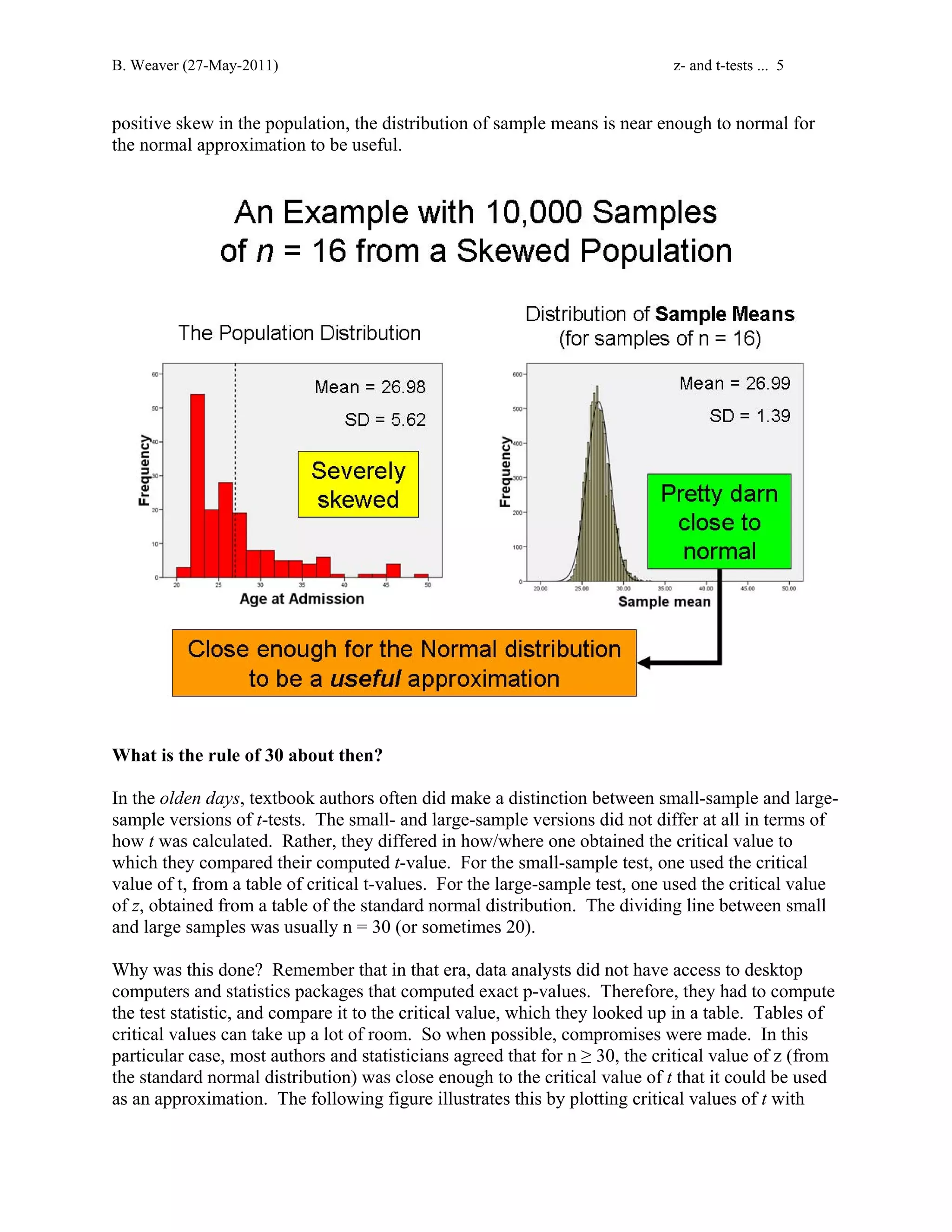 B. Weaver (27-May-2011) z- and t-tests ... 5 
positive skew in the population, the distribution of sample means is near enough to normal for 
the normal approximation to be useful. 
What is the rule of 30 about then? 
In the olden days, textbook authors often did make a distinction between small-sample and large-sample 
versions of t-tests. The small- and large-sample versions did not differ at all in terms of 
how t was calculated. Rather, they differed in how/where one obtained the critical value to 
which they compared their computed t-value. For the small-sample test, one used the critical 
value of t, from a table of critical t-values. For the large-sample test, one used the critical value 
of z, obtained from a table of the standard normal distribution. The dividing line between small 
and large samples was usually n = 30 (or sometimes 20). 
Why was this done? Remember that in that era, data analysts did not have access to desktop 
computers and statistics packages that computed exact p-values. Therefore, they had to compute 
the test statistic, and compare it to the critical value, which they looked up in a table. Tables of 
critical values can take up a lot of room. So when possible, compromises were made. In this 
particular case, most authors and statisticians agreed that for n ≥ 30, the critical value of z (from 
the standard normal distribution) was close enough to the critical value of t that it could be used 
as an approximation. The following figure illustrates this by plotting critical values of t with 
 