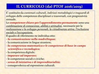 IL CURRICOLO (dal PTOF 2016/2019)
E' costituito da contenuti culturali, indirizzi metodologici e traguardi di
sviluppo delle competenze disciplinari e trasversali, con progressività
annuale.
Le competenze chiave per l'apprendimento permanente sono una
combinazione di conoscenze, abilità e attitudini, necessarie per la
realizzazione e lo sviluppo personali, la cittadinanza attiva, l’inclusione
sociale e l’occupazione.
Il quadro di riferimento ne individua otto:
- la comunicazione nella madrelingua;
- la comunicazione in lingue straniere;
- la competenza matematica e le competenze di base in campo
scientifico e tecnologico;
- la competenza digitale;
- imparare ad imparare;
- le competenze sociali e civiche;
- senso di iniziativa e di imprenditorialità;
- consapevolezza ed espressione culturali.
 