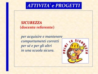 ATTIVITA' e PROGETTI
SICUREZZA
(docente referente)
per acquisire e mantenere
comportamenti corretti
per sé e per gli altri
in una scuola sicura.
 