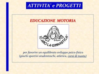 ATTIVITA' e PROGETTI
EDUCAZIONE MOTORIA
per favorire un equilibrato sviluppo psico-fisico
(giochi sportivi studenteschi, atletica, corsi di nuoto)
 