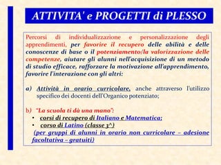 ATTIVITA' e PROGETTI di PLESSO
Percorsi di individualizzazione e personalizzazione degli
apprendimenti, per favorire il recupero delle abilità e delle
conoscenze di base o il potenziamento/la valorizzazione delle
competenze, aiutare gli alunni nell’acquisizione di un metodo
di studio efficace, rafforzare la motivazione all’apprendimento,
favorire l’interazione con gli altri:
a) Attività in orario curricolare, anche attraverso l’utilizzo
specifico dei docenti dell’Organico potenziato;
b) “La scuola ti dà una mano”:
• corsi di recupero di Italiano e Matematica;
• corso di Latino (classe 3^)
(per gruppi di alunni in orario non curricolare – adesione
facoltativa – gratuiti)
 