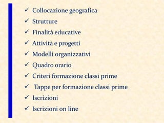  Collocazione geografica
 Strutture
 Finalità educative
 Attività e progetti
 Modelli organizzativi
 Quadro orario
 Criteri formazione classi prime
 Tappe per formazione classi prime
 Iscrizioni
 Iscrizioni on line
 