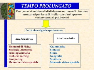 Due percorsi multimediali di due ore settimanali ciascuno,
strutturati per fasce di livello con classi aperte e
compresenza di più docenti
Area Scientifica Area Umanistica
Curriculum digitale sperimentale
Grammatica
Sintassi
Storia
Geografia
Scrittura
Memoria visivo spaziale
…
Elementi di Fisica
Zoologia-Anatomia
Fisiologia umana
Problem solving
Computing
Memoria visivo-spaziale
…..
TEMPO PROLUNGATO
 