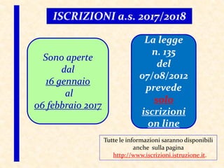 ISCRIZIONI a.s. 2017/2018
Sono aperte
dal
16 gennaio
al
06 febbraio 2017
La legge
n. 135
del
07/08/2012
prevede
solo
iscrizioni
on line
Tutte le informazioni saranno disponibili
anche sulla pagina
http://www.iscrizioni.istruzione.it.
 