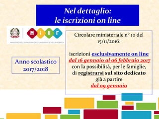 Circolare ministeriale n° 10 del
15/11/2016:
iscrizioni esclusivamente on line
dal 16 gennaio al 06 febbraio 2017
con la possibilità, per le famiglie,
di registrarsi sul sito dedicato
già a partire
dal 09 gennaio
Anno scolastico
2017/2018
 