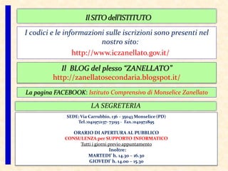 I codici e le informazioni sulle iscrizioni sono presenti nel
nostro sito:
http://www.iczanellato.gov.it/
SEDE: Via Carrubbio, 136 – 35043 Monselice (PD)
Tel.:042972137- 73193 - Fax.:042972895
ORARIO DI APERTURA AL PUBBLICO
CONSULENZA per SUPPORTO INFORMATICO
Tutti i giorni previo appuntamento
Inoltre:
MARTEDI’ h. 14.30 – 16.30
GIOVEDI’ h. 14.00 – 15.30
LA SEGRETERIA
La pagina FACEBOOK: Istituto Comprensivo di Monselice Zanellato
Il BLOG del plesso “ZANELLATO”
http://zanellatosecondaria.blogspot.it/
 