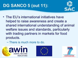 DG SANCO 5 (out 11):

• The EU’s international initiatives have
  helped to raise awareness and create a
  shared international understanding of animal
  welfare issues and standards, particularly
  with trading partners in markets for food
  products.
  – There is much more to do.



                                                 20
 