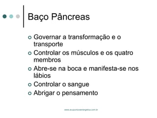 www.acupunturaenergetica.com.br 
Baço Pâncreas 
Governar a transformação e o transporte 
Controlar os músculos e os quatro membros 
Abre-se na boca e manifesta-se nos lábios 
Controlar o sangue 
Abrigar o pensamento  