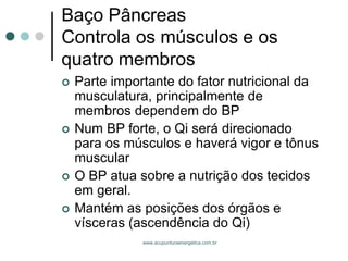 www.acupunturaenergetica.com.br 
Baço PâncreasControla os músculos e os quatro membros 
Parte importante do fator nutricional da musculatura, principalmente de membros dependem do BP 
Num BP forte, o Qi será direcionado para os músculos e haverá vigor e tônus muscular 
O BP atua sobre a nutrição dos tecidos em geral. 
Mantém as posições dos órgãos e vísceras (ascendência do Qi)  