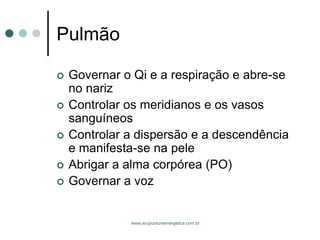 www.acupunturaenergetica.com.br 
Pulmão 
Governar o Qi e a respiração e abre-se no nariz 
Controlar os meridianos e os vasos sanguíneos 
Controlar a dispersão e a descendência e manifesta-se na pele 
Abrigar a alma corpórea (PO) 
Governar a voz  