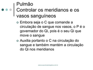 www.acupunturaenergetica.com.br 
PulmãoControlar os meridianos e os vasos sanguíneos 
Embora seja o C que comande a circulação de sangue nos vasos, o P é o governador do Qi, pois é o seu Qi que move o sangue 
Auxilia portanto o C na circulação do sangue e também mantém a circulação do Qi nos meridianos  