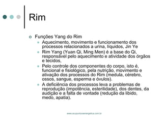 www.acupunturaenergetica.com.br 
Rim 
Funções Yang do Rim 
Aquecimento, movimento e funcionamento dos processos relacionados a urina, líquidos, Jin Ye 
Rim Yang (Yuan Qi, Ming Men) é a base do Qi, responsável pelo aquecimento e atividade dos órgãos e tecidos, 
Pelo controle dos componentes do corpo, isto é, funcional e fisiológico, pela nutrição, movimento e ativação dos processos do Rim (medula, cérebro, ossos, sangue, esperma e óvulos). 
A deficiência dos processos leva a problemas de reprodução (impotência, esterilidade), dos dentes, da audição e a falta de vontade (redução da libido, medo, apatia).  