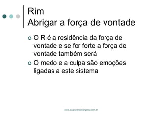 www.acupunturaenergetica.com.br 
RimAbrigar a força de vontade 
O R é a residência da força de vontade e se for forte a força de vontade também será 
O medo e a culpa são emoções ligadas a este sistema  