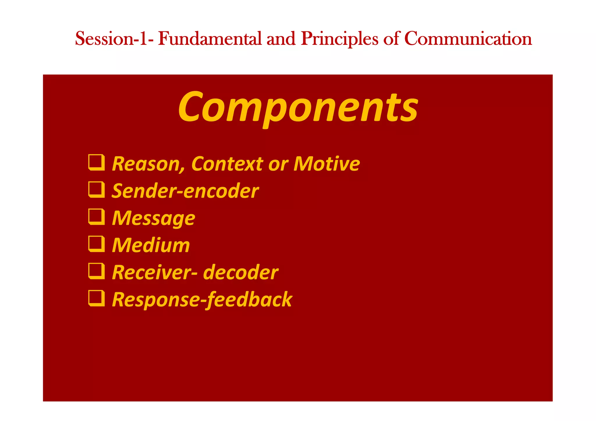 Components
q Reason, Context or Motive
q Sender-encoder
q Message
q Medium
q Receiver- decoder
q Response-feedback
Session-1- Fundamental and Principles of Communication
 