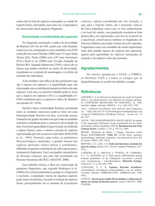 Estrutura de regeneração pau-brasil                                               87

ainda está na lista de espécies ameaçadas no estado do       echinata, espécie considerada em vias extinção, e
Espírito Santo, reforçando, mais uma vez, a importância      que, para o Espírito Santo, até o momento, trata-se
da conservação desse pequeno fragmento.                      da única população nativa que se tem conhecimento
                                                             e no local de estudo, essa população encontra-se bem
     Diversidade e similaridade de espécies                  preservada e em regeneração, com isso ao se preservar
                                                             o pau-brasil, conservam-se também os fragmentos de
     No fragmento amostrado o índice de diversidade          Floresta Atlântica que ainda existem em solo capixaba.
de Shannon (H’) foi de 4,89, sendo este valor bastante       Fragmentos como esse estudado são muito importantes
expressivo em comparação a outros trabalhos com DAP          tanto pela grande riqueza de espécies que apresenta,
acima de 5cm como Thomaz (1996) com 5,51 para Santa          quanto pela quantidade de espécies ameaçadas de
Teresa (ES), Paula (2006) com 4,87 para Sooretama            extinção e de espécies raras que possuem.
(ES) e Kurtz et al. (2009) com 3,6 para Armação de
Búzios (RJ). Segundo Mantovani (1993), vários são os
fatores que podem interferir no índice de diversidade,       Agradecimentos
ressaltando-se o método de amostragem e o critério de
                                                                  Os autores agradecem a UFES, a FIBRIA,
inclusão dos indivíduos.
                                                             ao Herbário VIES e a todos os colegas que se
      A diversidade é um reflexo de dois parâmetros que      disponibilizaram no auxílio do trabalho a campo.
são a riqueza em espécies e a equabilidade (que está
relacionada com a contribuição numérica relativa de cada
espécie). Com isso, no presente trabalho pode-se dizer       Referências
que a riqueza em espécies (181) e a equabilidade (J=         AMADOR, E. S. O. Barreiras do pleistoceno no estado do Espírito
0,94) contribuem para o expressivo índice de Shannon         Santo e seu relacionamento com depósitos de minerais pesados.
encontrado (H’=4,98).                                        In: CONGRESSO BRASILEIRO DE GEOLOGIA, 32, 1982,
                                                             Salvador. Anais... Salvador: SBGEO, v. 4, p. 1462-1472, 1982.
      Devido à baixa similaridade florística encontrada      ANA – AGÊNCIA NACIONAL DAS ÁGUAS. 2010. Disponível
entre as unidades amostrais pode-se falar em uma             em: <http://200.140.135.132/PortalSuporte/frmDadosEstacao.asp
                                                             x?estacao=1940022&Ano=2010&tipo=Chuvas>. Acesso em: 14
heterogeneidade florística da área, ocorrendo poucas         abr. 2011.
formações de grupos fazendo com que todas as unidades        APG III – THE ANGIOSPERM PHYLOGENY GROUP. An update
amostrais contribuam para a expressiva diversidade da        of the Angiosperm Phylogeny Group classification for the orders
área. Essa heterogeneidade (Figura 4) pode ser atribuída     and families of flowering plants: APG III. Botanical Journal of the
                                                             Linnean Society, London, v. 161, p. 105-121, 2009.
a alguns fatores como o número elevado de espécies
                                                             BRASIL. Ministério de Minas e Energia. Secretaria Geral.
representadas por um ou poucos indivíduos (PAGANO            Projeto RADAMBRASIL. Folha SE. 24 Rio Doce; geologia,
et al., 1995). Portanto, para todos os parâmetros            geomorfologia, pedologia, vegetação e uso potencial da terra. Rio
fitossociológicos analisados, a grande maioria das           de Janeiro: MMA, 1987. 544 p.
                                                             BROWER, J. E.; ZAR, J. H. Field and laboratory methods for
espécies apresenta valores baixos e semelhantes,
                                                             general ecology. Boston: W. C. Brown Company Publishers, 1977.
refletindo a pequena contribuição de cada espécie para a     226 p.
estrutura do fragmento. Este é um padrão característico      CARDOSO, M. A.; PROVAN, J.; POWELL, W.; FERREIRA,
de florestas tropicais, que tem sido encontrado em           P. C. G.; OLIVEIRA, D. E. High genetic differentiation among
                                                             remnant populations of the endangered Caesalpinia echinata
florestas brasileiras (KURTZ; ARAÚJO, 2000).                 Lam. (Leguminosae – Caesalpinioideae). Molecular Ecology,
                                                             Vancouver, v. 7, p. 601-608, 1998.
     Esse trabalho reforça a ideia da conservação de
                                                             CARVALHO, P. E. R. Espécies florestais brasileiras:
pequenos fragmentos, que segundo Rodrigues et al.            recomendações silviculturais, potencialidades e uso de madeira.
(2009) é de extrema importância, porque se o fragmento       Colombo; Brasília: EMBRAPA-CNPF; EMBRAPA-SPI, 1994.
é excluído, a população inteira de algumas espécies          640 p.
pode entrar em declínio, levando à extinção de espécies      CIENTEC. Sistema para análise fitossociológica e elaboração de
                                                             planos de manejo de florestas nativas. Viçosa: CIENTEC, 2006.
locais, principalmente em se tratando de Caesalpinia         CD-ROM.


                                                                                    Revista Biotemas, 25 (4), dezembro de 2012
 