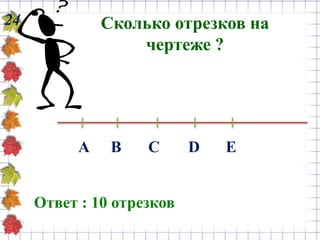 24 Сколько отрезков на
чертеже ?
Ответ : 10 отрезков
А В С D Е
 