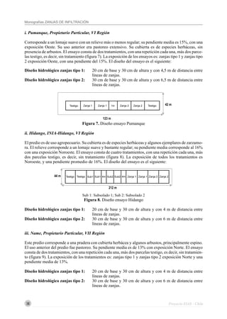 16
Monografías ZANJAS DE INFILTRACIÓN
Proyecto EIAS - Chile
i. Pumanque, Propietario Particular, VI Región
Corresponde a un lomaje suave con un relieve más o menos regular; su pendiente media es 15%, con una
exposición Oeste. Su uso anterior era pastoreo extensivo. Su cubierta es de especies herbáceas, sin
presencia de arbustos. El ensayo consta de dos tratamientos, con una repetición cada una, más dos parce-
las testigo, es decir, sin tratamiento (figura 7). La exposición de los ensayos es: zanjas tipo 1 y zanjas tipo
2 exposición Oeste, con una pendiente del 15%. El diseño del ensayo es el siguiente:
Diseño hidrológico zanjas tipo 1: 20 cm de base y 30 cm de altura y con 4,5 m de distancia entre
líneas de zanjas.
Diseño hidrológico zanjas tipo 2: 30 cm de base y 30 cm de altura y con 6,5 m de distancia entre
líneas de zanjas.
Figura 7. Diseño ensayo Pumanque
ii. Hidango, INIA-Hidango, VI Región
El predio es de uso agropecuario. Su cubierta es de especies herbáceas y algunos ejemplares de zarzamo-
ra. El relieve corresponde a un lomaje suave y bastante regular; su pendiente media corresponde al 16%
con una exposición Noroeste. El ensayo consta de cuatro tratamientos, con una repetición cada una, más
dos parcelas testigo, es decir, sin tratamiento (figura 8). La exposición de todos los tratamientos es
Noroeste, y una pendiente promedio de 16%. El diseño del ensayo es el siguiente:
Sub 1: Subsolado 1; Sub 2: Subsolado 2
Figura 8. Diseño ensayo Hidango
Diseño hidrológico zanjas tipo 1: 20 cm de base y 30 cm de altura y con 4 m de distancia entre
líneas de zanjas.
Diseño hidrológico zanjas tipo 2: 30 cm de base y 30 cm de altura y con 6 m de distancia entre
líneas de zanjas.
iii. Name, Propietario Particular, VII Región
Este predio corresponde a una pradera con cubierta herbácea y algunos arbustos, principalmente espino.
El uso anterior del predio fue pastoreo. Su pendiente media es de 13% con exposición Norte. El ensayo
consta de dos tratamientos, con una repetición cada una, más dos parcelas testigo, es decir, sin tratamien-
to (figura 9). La exposición de los tratamientos es: zanjas tipo 1 y zanjas tipo 2 exposición Norte y una
pendiente media de 13%.
Diseño hidrológico zanjas tipo 1: 20 cm de base y 30 cm de altura y con 4 m de distancia entre
líneas de zanjas.
Diseño hidrológico zanjas tipo 2: 30 cm de base y 30 cm de altura y con 6 m de distancia entre
líneas de zanjas.
44 m
212 m
Testigo Testigo Sub1 Sub1 4m Sub2Sub2 4m Zanja 1 Zanja 1 Zanja 2Zanja 2
42 m
123 m
Testigo Testigo1mZanja 1 Zanja 2Zanja 2Zanja 1
 