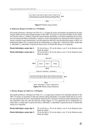 17
Monografías ZANJAS DE INFILTRACIÓN
Proyecto EIAS - Chile
Figura 9. Diseño ensayo Name
iv. Botacura, Bosques de Chile S.A., VII Región
Este predio pertenece a Bosques de Chile S.A. y el lugar de ensayo presentaba una plantación de pino
insigne adulto que fue aprovechado durante el año 2001. El ensayo se encuentra dividido en dos módu-
los cercanos entre sí, y ambos al lado del camino interior del predio, en la parte media baja de un cerro;
uno con exposición Oeste (subsolado y zanjas) y el otro más pequeño con exposición Norte (zanjas). El
ensayo consta de cuatro tratamientos, con una repetición cada una, más dos parcelas testigo, es decir, sin
tratamiento (figura 10). La exposición de los tratamientos es: zanjas tipo 1 exposición Oeste; zanjas tipo
2, subsolado 1 y subsolado 2 exposición Norte-oeste. El diseño del ensayo es el siguiente:
Diseño hidrológico zanjas tipo 1: 20 cm de base y 30 cm de altura y con 9 m de distancia entre
líneas de zanjas.
Diseño hidrológico zanjas tipo 2: 30 cm de base y 30 cm de altura y con 13 m de distancia entre
líneas de zanjas.
v. Parrón, Bosques de Chile S.A., VII Región
Este predio pertenece a Bosques de Chile S.A., y al igual que el anterior fue explotado durante el año
2001. El ensayo se encuentra al lado del camino interior del predio, en la parte media alta de un cerro,
con una exposición Noreste y una pendiente media de 20%. El ensayo consta de cuatro tratamientos, con
una repetición cada una, más dos parcelas testigo (figura 11). La exposición de los tratamientos es:
zanjas tipo 1 y zanjas tipo 2 exposición norte y subsolado 1 y subsolado 2 exposición oeste. El diseño del
ensayo es el siguiente:
Diseño hidrológico zanjas tipo 1: 20 cm de base y 30 cm de altura y con 9 m de distancia entre
líneas de zanjas.
Diseño hidrológico zanjas tipo 2: 30 cm de base y 30 cm de altura y con 13 m de distancia entre
líneas de zanjas
44 m
122 m
Testigo1m Zanja 2Zanja 2Zanja 1 Zanja 1 Testigo
42 m
62 m
TestigoZanja 1 Zanja 1
Zanja tipo 1
Subs: Subsolado 1; Subs2: Subsolado 2
Figura 10. Diseño ensayo Botacura
42 m
146 m
Testigo
Zanja tipo 2; Subsolado 1 y Subsolado 2
Subs1 4m Subs 2 Zanja 2 Zanja 2Subs1 Subs 2
 