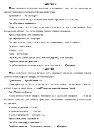 ЗАНЯТТЯ 10
Мета: розвивати асоціативне мислення, репродуктивну уяву, логічне мислення та
саморегуляцію; виховувати самостійність, акуратність.
Привітання Гра «Кольори»
Психолог називає колір, а діти швидко згадують предмети цього кольору.
Гра «Послідовні картинки»
Дітям пропонується розглянути картинки і визначити, яка з них повинна бути
першою, яка другою і т.д. Потім скласти логічно зв'язане оповідання.
Рухлива хвилинка (див. заняття 1)
Гра «Придумай сам» (асоціації)
Психолог називає слово, а діти — інше, логічно пов'язане з ним. Наприклад:
Будинок — цегла, вікно;
ковзани — лід;
голка — нитка тощо.
(Взуття, телевізор, сонце, зима, дівчинка, куртка, м'яч, зошит.)
Графічне завдання «Домалюй»
Потрібно закінчити малюнки за пунктиром (за зразком). Прощання
ЗАНЯТТЯ 11
Мета: формувати системне бачення світу, просторові уявлення; розвивати вміння
орієнтуватися на аркуші паперу, логічне мислення.
Привітання Гра «Що там є?»
Дітям пропонується назвати, що входить до таких понять: групова кімната (столи,
стільці, іграшки, двері, вікна і т. д.)-(Школа, магазин, бібліотека і т.д.)
Гра «Чарівні квадрати»
Кожна дитина отримує квадрат, розділений на 9 маленьких квадратів (3 х 3). За
вказівкою психолога діти повинні правильно | намалювати зображення у відповідних
квадратиках.
У лівому верхньому — квітка.
У правому верхньому — сонечко.
У лівому середньому — метелик і т.д.
Рухлива хвилинка (заняття 1)
Гра «Що спочатку, а що потім?»
Графічне завдання Домалювати павутинку. Прощання
 